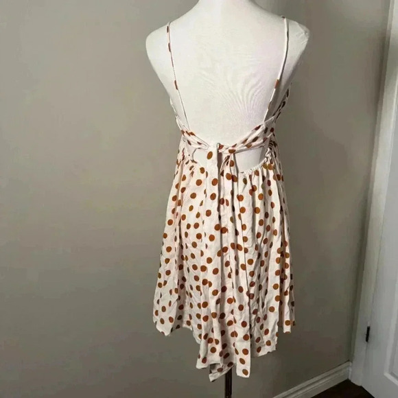 Zara Women's White Brown Fit and Flare Mini Dress Medium Polka Dot Tie Back - Picture 5 of 6